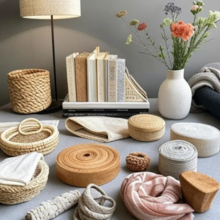 Moodboard z tekstyliami, oświetleniem i dekoracjami Home Accently