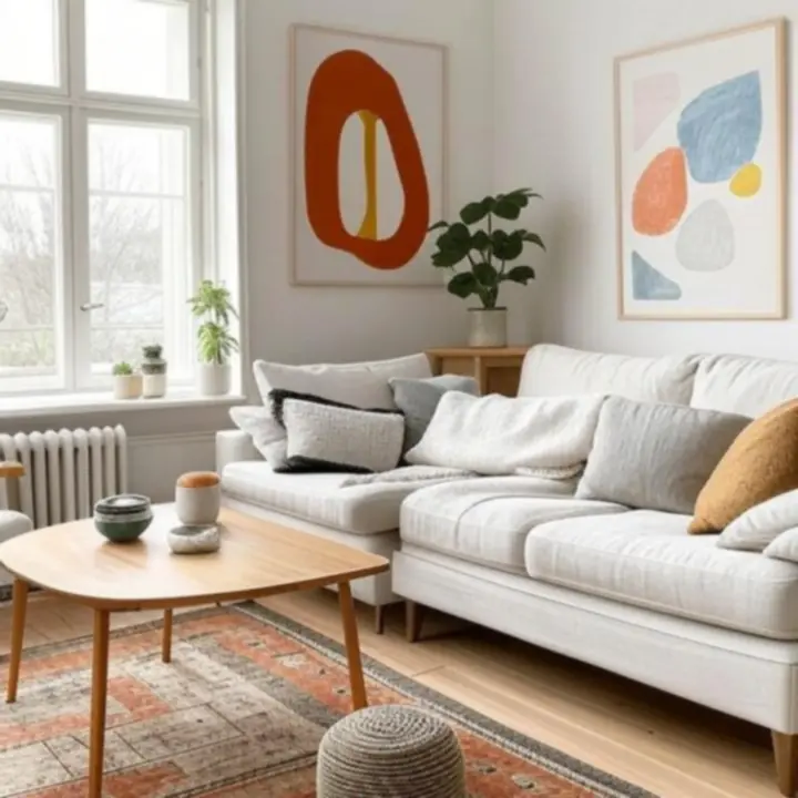 Nordycka aranżacja wnętrza z jasnym drewnem i minimalistycznymi dekoracjami