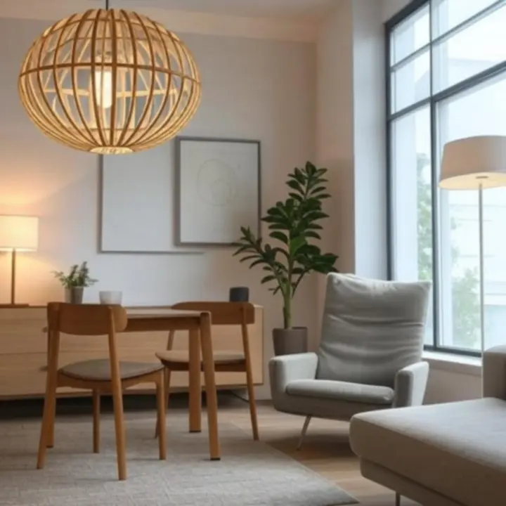 Zestaw lamp: wiszące, stołowe i podłogowe w nowoczesnym wnętrzu