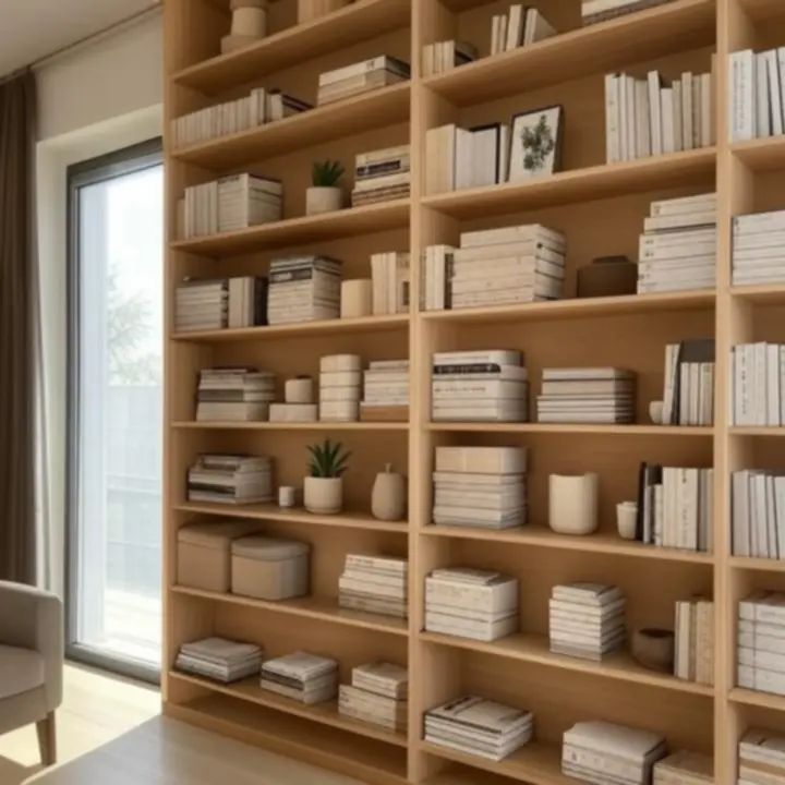 Nowoczesny regał w jasnym, minimalistycznym wnętrzu