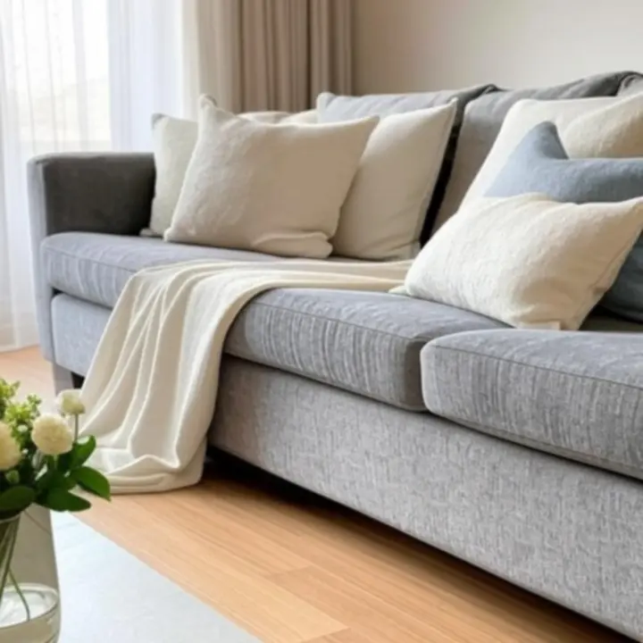 Elegancka aranżacja salonu z tekstyliami Home Accently: poduszki, pled i zasłony w miękkiej palecie kolorów